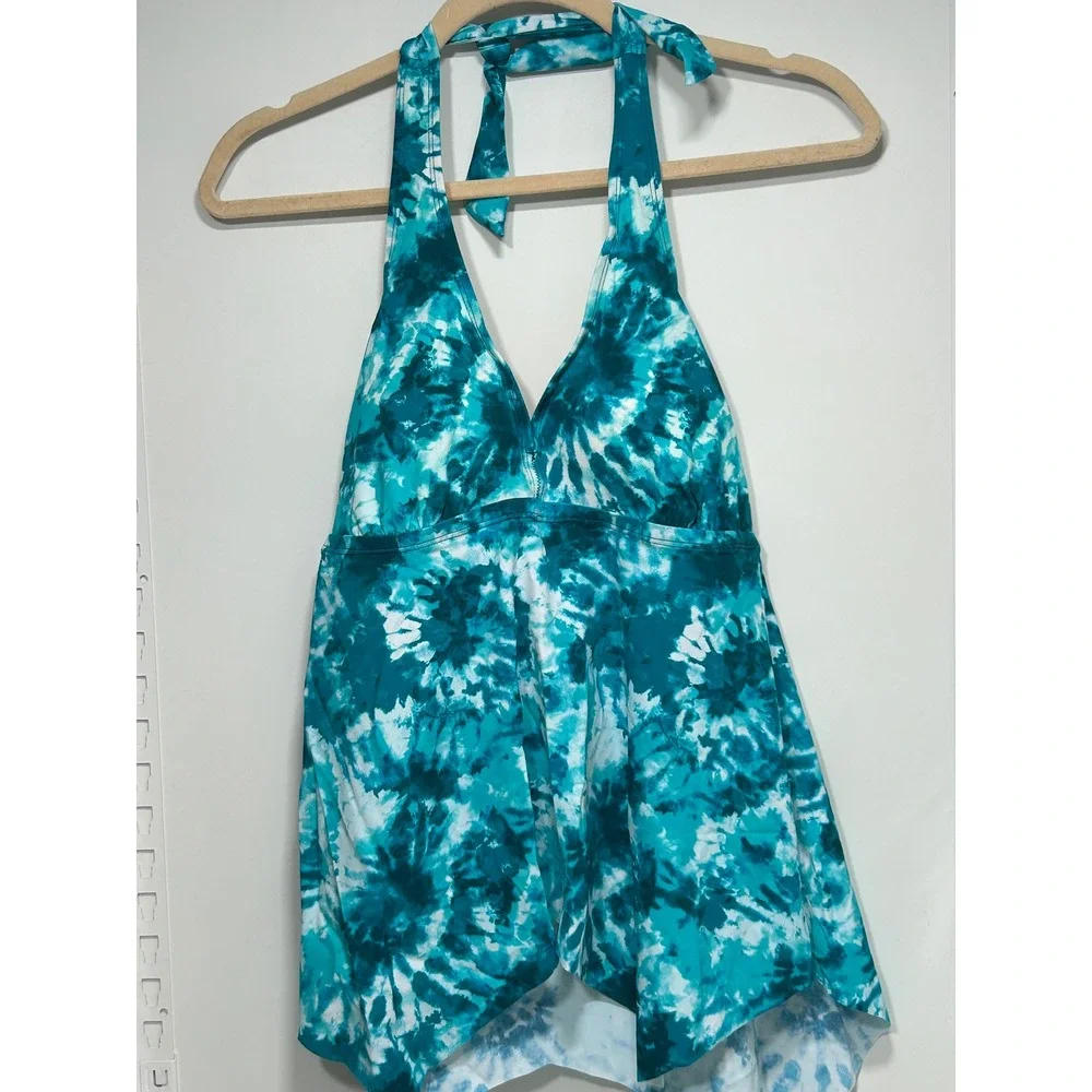 Kim Gravel x Swimsuits‎ For All Tie Dye Halter Tankini Set Teal White Size 10